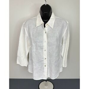 Jillian Jones Women's 3/4 Sleeve Linen Button Front Top White Size Medium